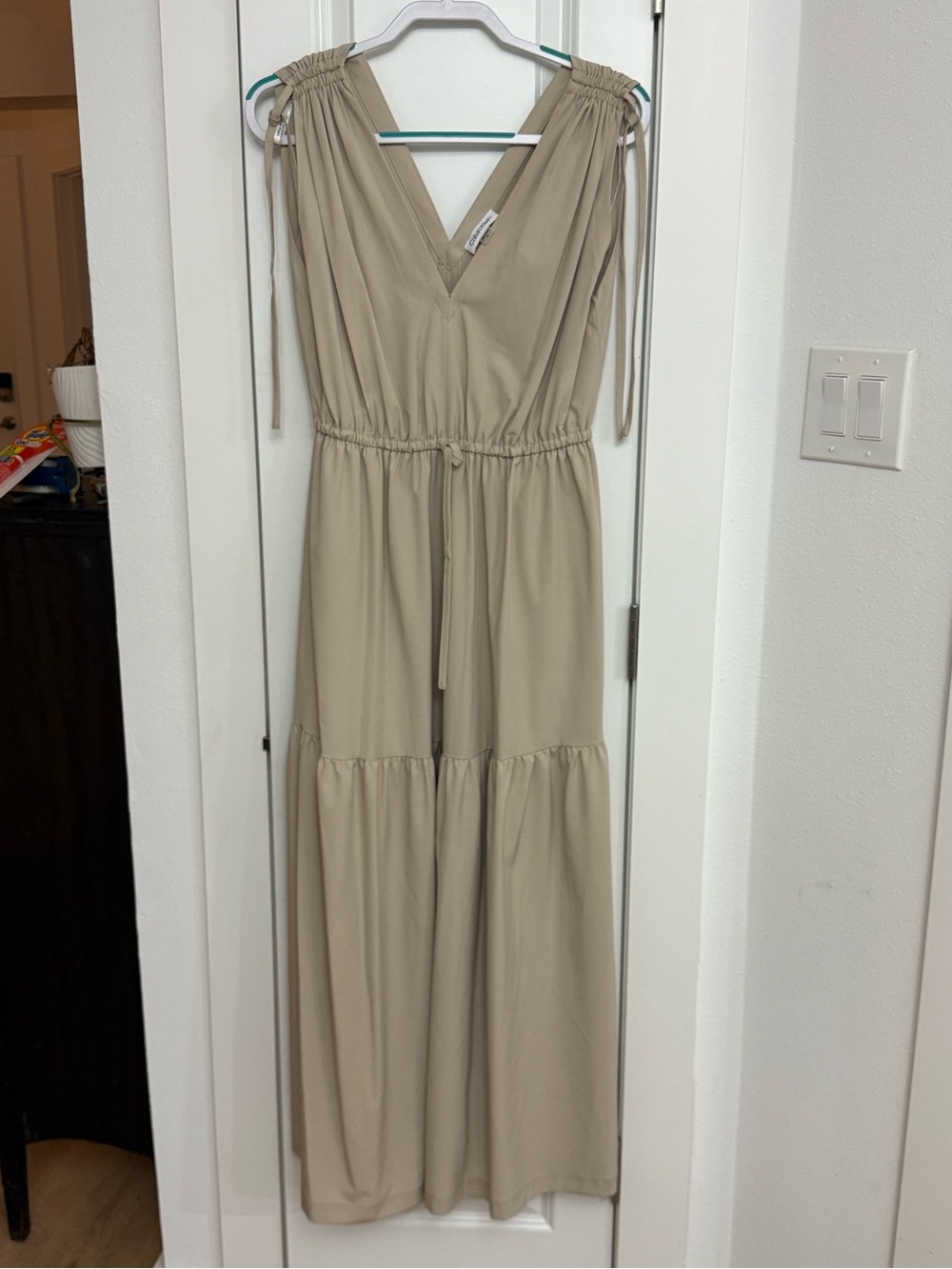 Calvin Klein Beige Drawstring V-Neck Maxi Dress